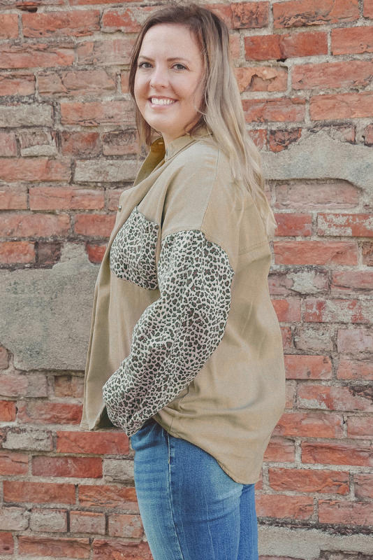 Khaki Plus Size Leopard Patchwork Shacket PL851054-16