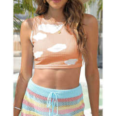 Orange Rib Clouds Print Sleeveless Tank TQX250030-14