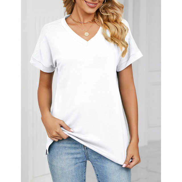 White Raglan Sleeve V Neck T-shirt with Slit TQX210217-1