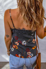 Blue Floral Print Lace Contrast Tank Top LC2567776-5