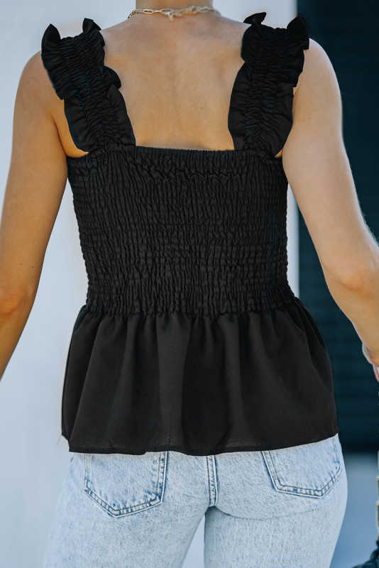Black Solid Smocked Tank Top LC252047-2