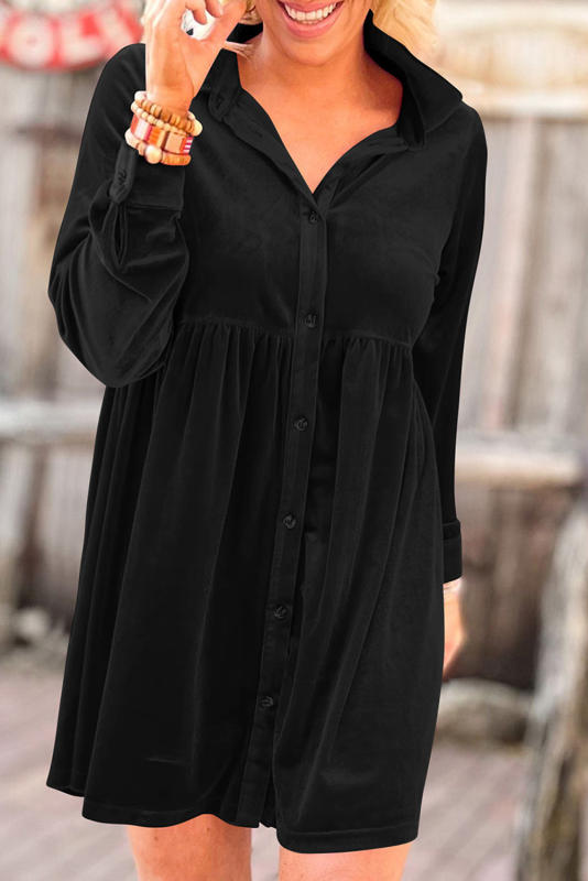 Black Long Sleeve Ruffle Velvet Button Up Dress  LC6117352-P2