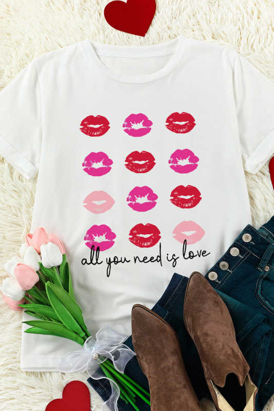 White all you need is love Valentines Kisses Graphic Tee LC25219470-1