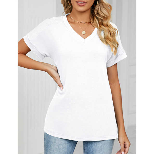 White Raglan Sleeve V Neck T-shirt with Slit TQX210217-1