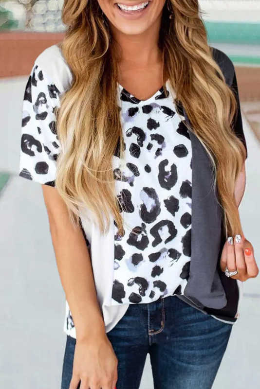 Leopard Color Block Short Sleeve Top LC25219261-20