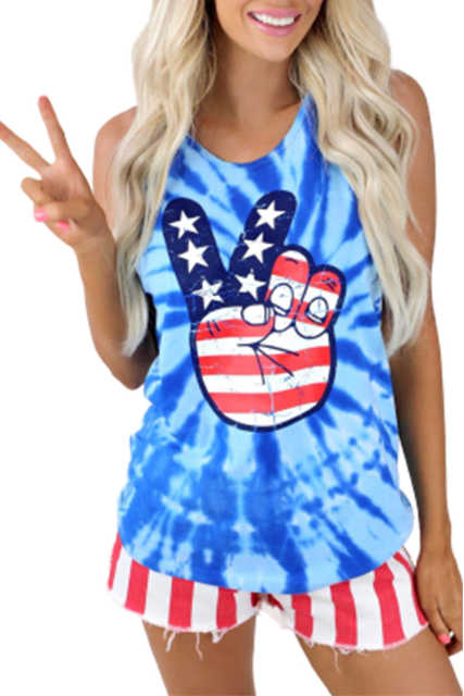 Sky Blue America Peace Tie Dye Striped Star Tank Top LC2565942-4