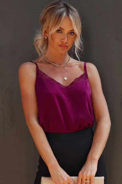 Red Lace Crochet V Neck Spaghetti Strap Satin Tank Top LC2567863-3