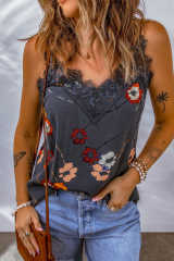 Blue Floral Print Lace Contrast Tank Top LC2567776-5
