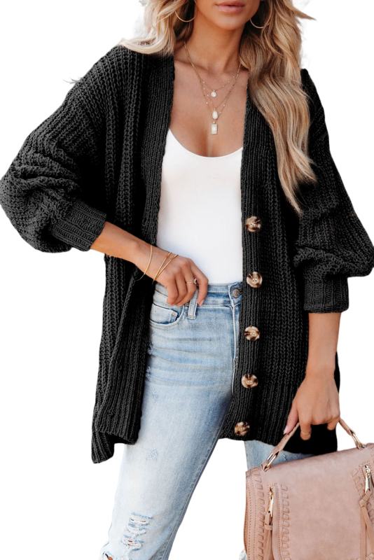 Black Buttoned Front Drop Shoulder Knitted Cardigan LC271924-2