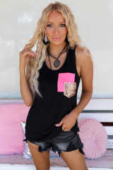 Black Sequin Chest Pocket Leopard Back Tank Top LC2567771-2
