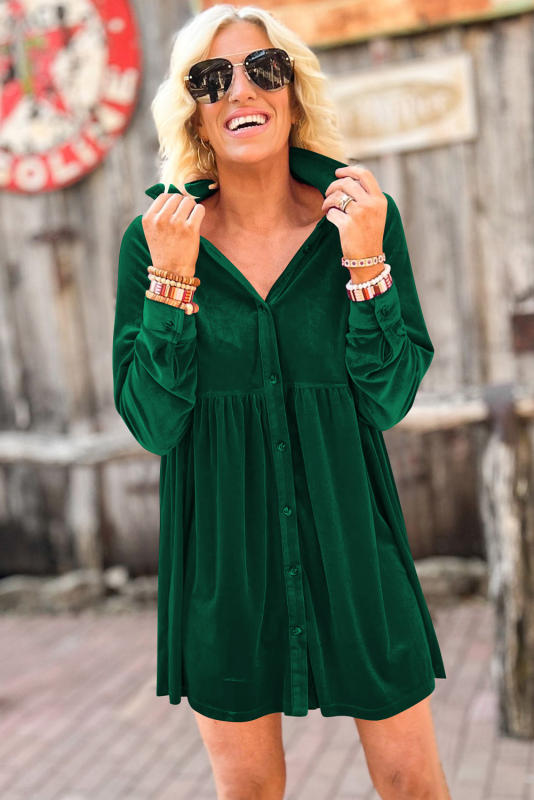 Green Long Sleeve Ruffle Velvet Button Up Dress LC6117352-P9