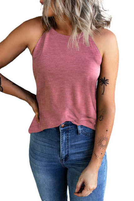 Pink Solid Color Crew Neck Tank Top LC2564998-10