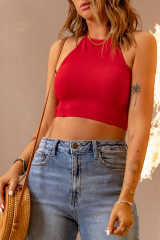 Red Ribbed Skinny Fit Crop Tank Top LC2565415-3