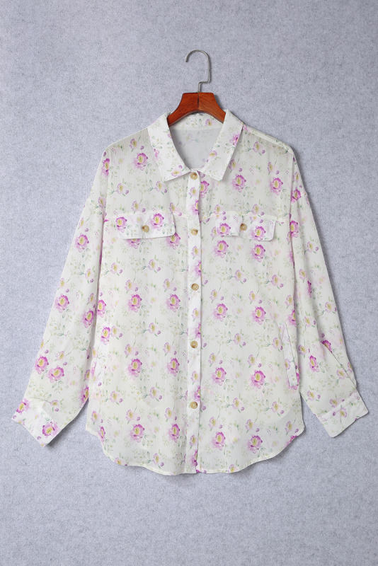 Purple Floral Print Pleated Flap Pocket Shirt  LC2553741-8