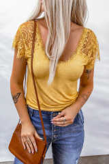 Yellow Lace Crochet Short Sleeve U Neck T Shirt LC25118561-7