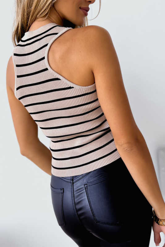 Apricot Striped Print Ribbed O-neck Sleeveless Top LC2567757-18
