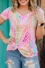 Colorful Leopard V Neck Short Sleeve Top LC25115040-20