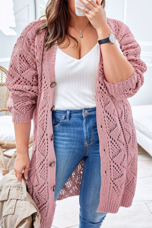 Pink Open Knit Button-Up Plus Size Cardigan PL271035-10