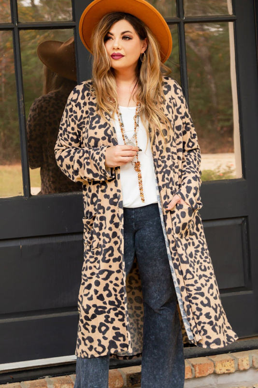 Leopard Plus Size Open Front Pocketed Long Cardigan PL254134-20
