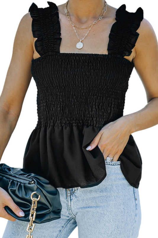 Black Solid Smocked Tank Top LC252047-2
