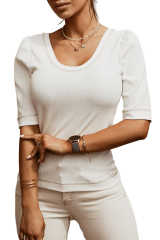White Round Neck Half Sleeve Ribbed Knit Top LC25119692-1