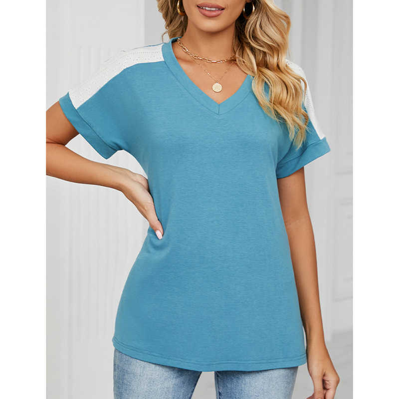 Blue Raglan Sleeve V Neck T-shirt with Slit TQX210217-5
