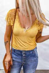 Yellow Lace Crochet Short Sleeve U Neck T Shirt LC25118561-7