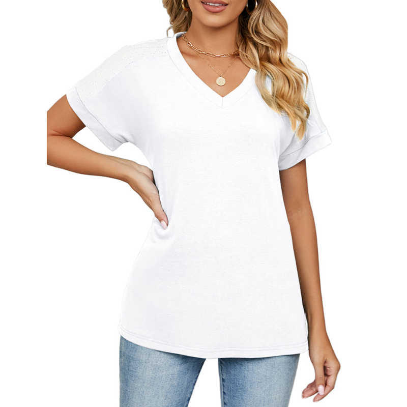 White Raglan Sleeve V Neck T-shirt with Slit TQX210217-1
