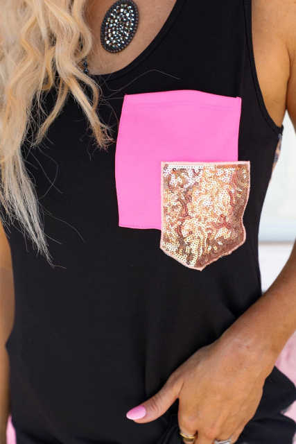 Black Sequin Chest Pocket Leopard Back Tank Top LC2567771-2