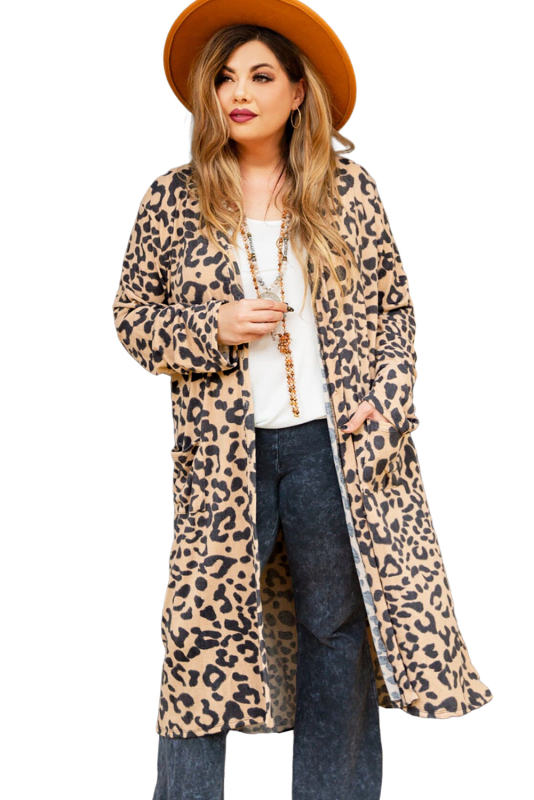 Leopard Plus Size Open Front Pocketed Long Cardigan PL254134-20