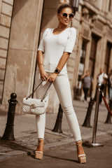 White Round Neck Half Sleeve Ribbed Knit Top LC25119692-1