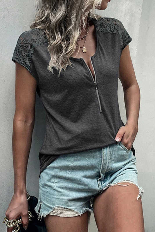 Gray Zip Neck Lace Splicing Short Sleeve Tee LC25119663-11