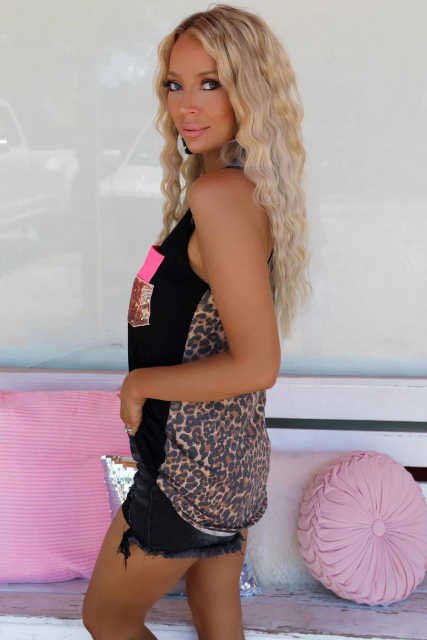 Black Sequin Chest Pocket Leopard Back Tank Top LC2567771-2