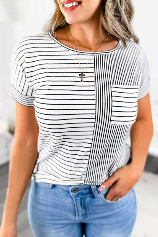 Mix Striped Print Chest Pocket T Shirt LC25219144-19