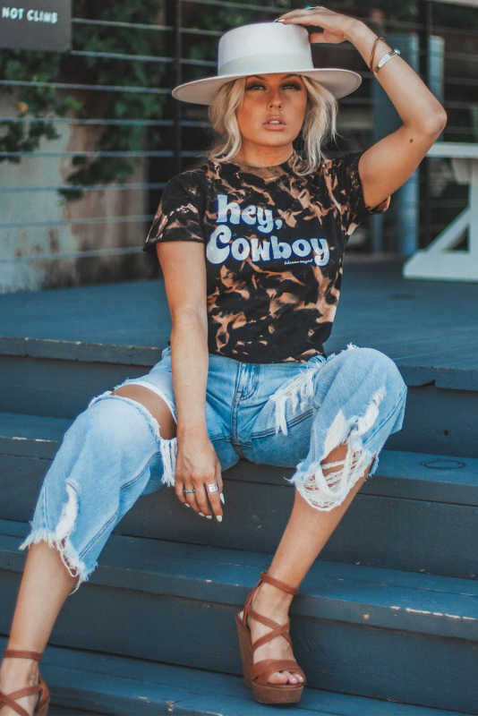Black Hey, Cowboy Tie Dye Print Short Sleeve T Shirt LC25219202-2