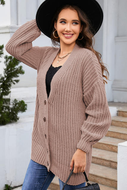 Khaki Buttoned Front Drop Shoulder Knitted Cardigan LC271924-16