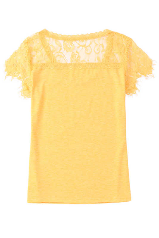 Yellow Lace Crochet Short Sleeve U Neck T Shirt LC25118561-7