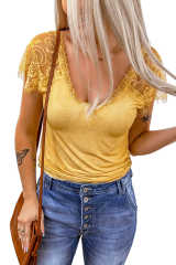Yellow Lace Crochet Short Sleeve U Neck T Shirt LC25118561-7
