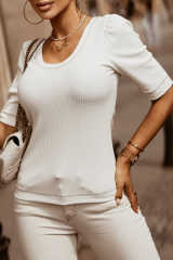 White Round Neck Half Sleeve Ribbed Knit Top LC25119692-1