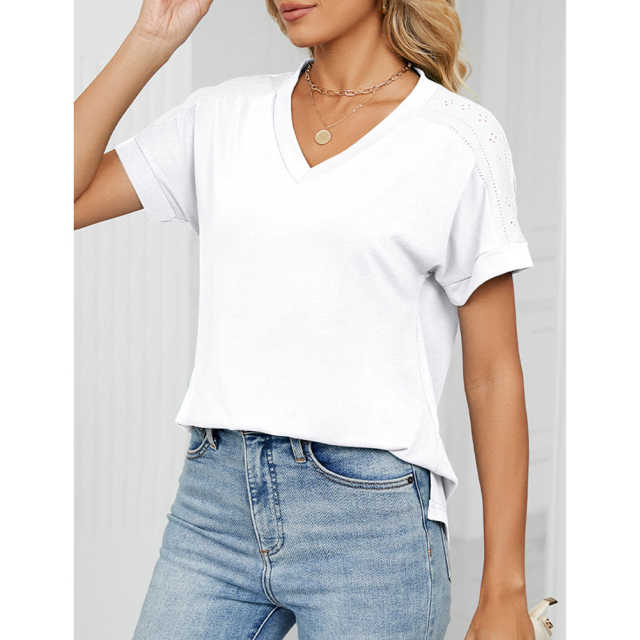 White Raglan Sleeve V Neck T-shirt with Slit TQX210217-1