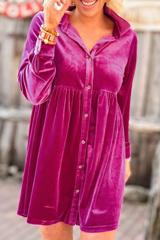 Rose Long Sleeve Ruffle Velvet Button Up Dress LC6117352-6