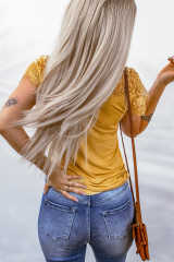 Yellow Lace Crochet Short Sleeve U Neck T Shirt LC25118561-7