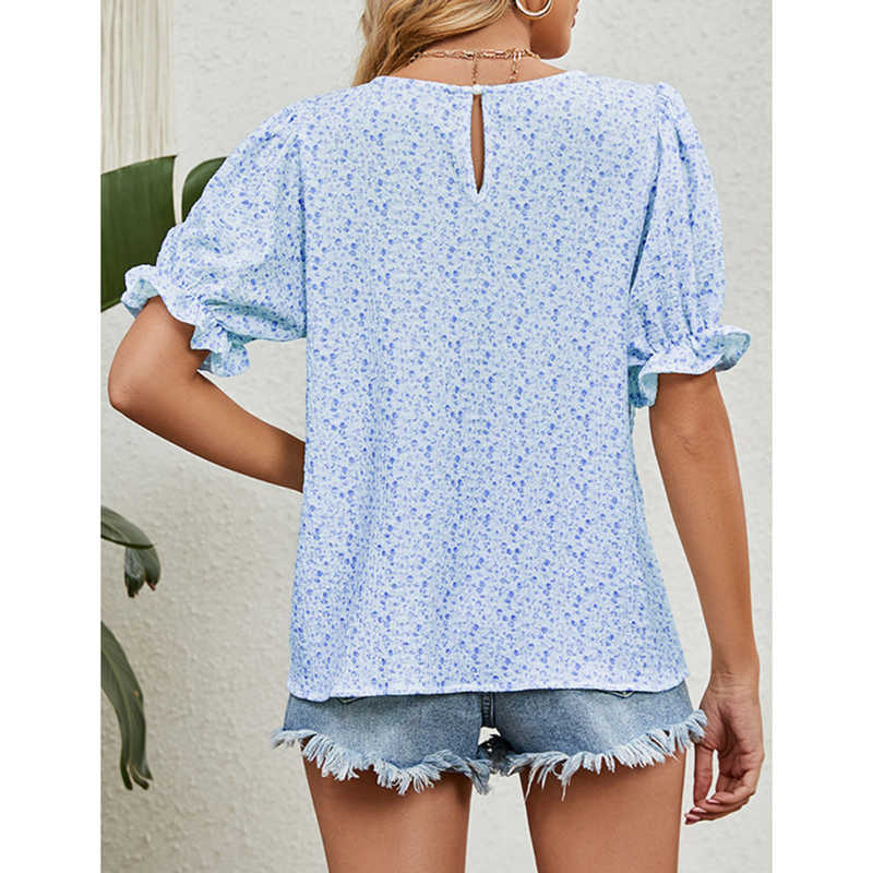 Blue Floral Print Ruffle Cuff Short Sleeve Tops TQX210226-5