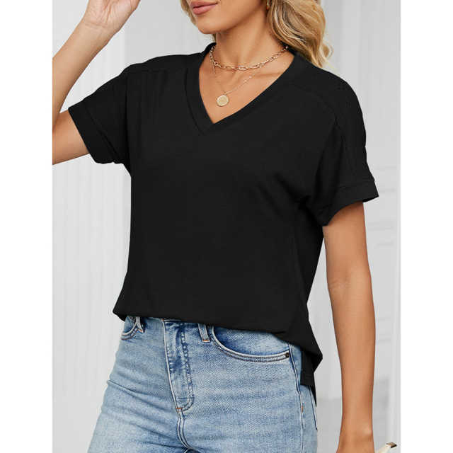 Black Raglan Sleeve V Neck T-shirt with Slit TQX210217-2