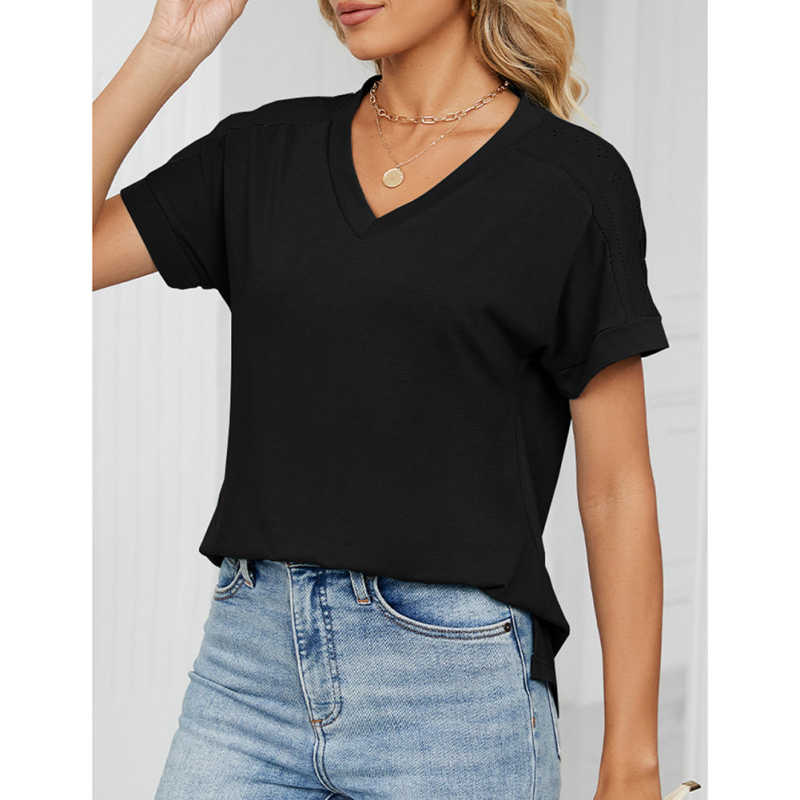 Black Raglan Sleeve V Neck T-shirt with Slit TQX210217-2
