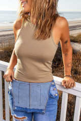 Khaki Solid Color O-Neck Slim-fit Cropped Tank Top LC2565275-16