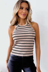 Apricot Striped Print Ribbed O-neck Sleeveless Top LC2567757-18