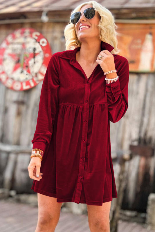 Red Long Sleeve Ruffle Velvet Button Up Dress LC6117352-P3
