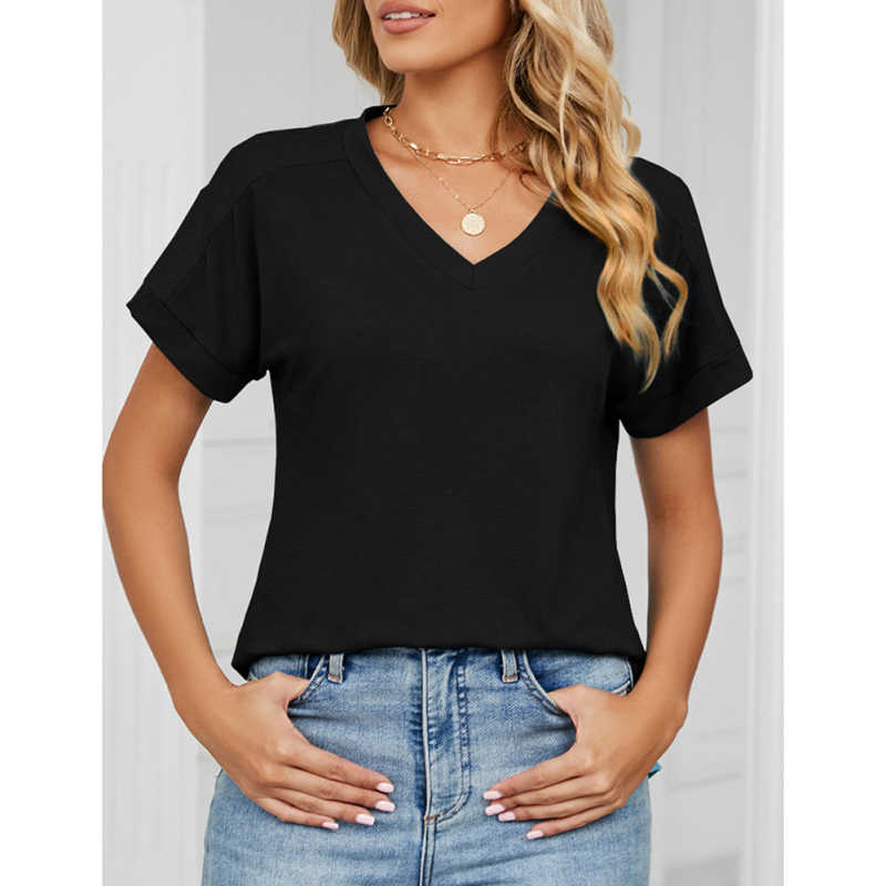 Black Raglan Sleeve V Neck T-shirt with Slit TQX210217-2