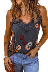 Blue Floral Print Lace Contrast Tank Top LC2567776-5